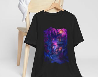 Moonlit Alley Nightscape T-Shirt Vaporwave Aesthetic Japanese Anime Style Lofi Shirt | Neon Purple Village, Cozy Lanterns