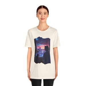 Lofi Girl tshirt Vaporwave Sunset Japanese Anime Kawaii Silhouette Cat Watching City Sunset T-Shirt | Night Sky Cityscape Tee image 9