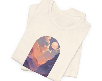 Japanese Mountain Anime Style Kawaii Fashion Vaporwave Sunset Mountain Valley Landscape Tee | Arched Nature Scene