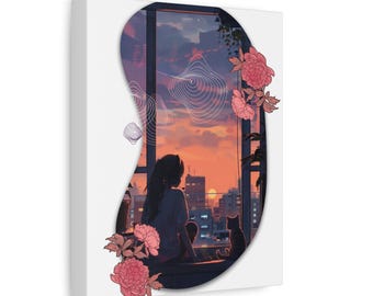 Kawaii Cozy Room Illustration Lofi Hip Hop Wall Art Japanese Anime Matte Canvas