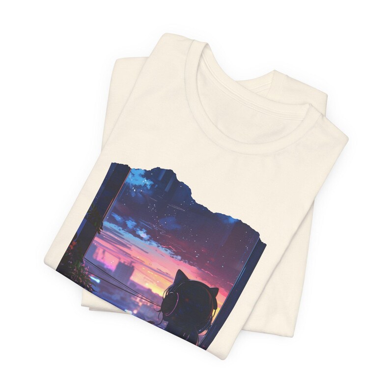 Lofi Girl tshirt Vaporwave Sunset Japanese Anime Kawaii Silhouette Cat Watching City Sunset T-Shirt | Night Sky Cityscape Tee image 7
