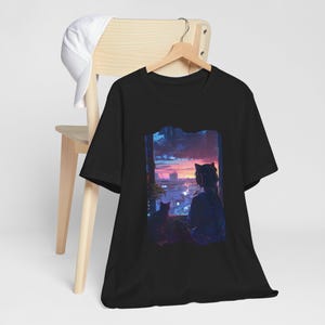 Lofi Girl tshirt Vaporwave Sunset Japanese Anime Kawaii Silhouette Cat Watching City Sunset T-Shirt | Night Sky Cityscape Tee image 3