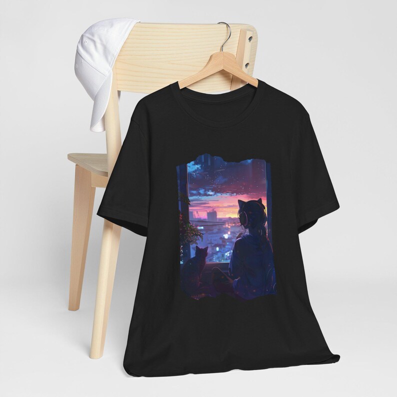 Lofi Girl tshirt Vaporwave Sunset Japanese Anime Kawaii Silhouette Cat Watching City Sunset T-Shirt | Night Sky Cityscape Tee image 3