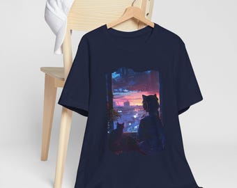 Lofi Girl tshirt Vaporwave Sunset Japanese Anime Kawaii Silhouette Cat Watching City Sunset T-Shirt | Night Sky Cityscape Tee