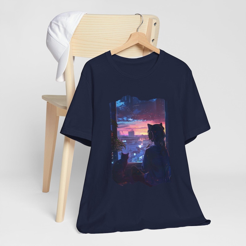 Lofi Girl tshirt Vaporwave Sunset Japanese Anime Kawaii Silhouette Cat Watching City Sunset T-Shirt | Night Sky Cityscape Tee image 1