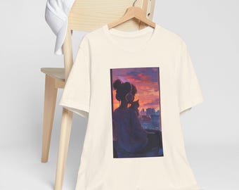 Lofi Girl Vaporwave Tshirt Japanese Anime Kawaii Aesthetic Sunset City Cat Lovers Tee | Sunset skyline T-shirt