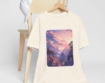 Japanese Lofi Sunset Vaporwave Tshirt Anime Kawaii Aesthetic Sunset Mountain Valley Tee | Fantasy Landscape, Pink Purple Sky