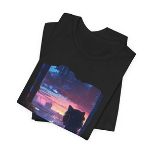 Lofi Girl tshirt Vaporwave Sunset Japanese Anime Kawaii Silhouette Cat Watching City Sunset T-Shirt | Night Sky Cityscape Tee image 6