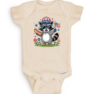 Patriotic Baby Onesie® - 4th Of July Raccoon Outfit with Hot Dog and Flag - Funny USA Infant Bodysuit - Baby Boy or Girl Fourth Gift
