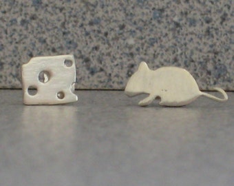 Mouse and Cheese sterling silver stud earrings