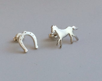 Horse and Horseshoe Sterling Silver Stud Post Earrings
