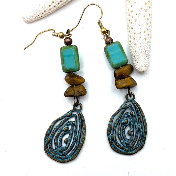 Gorgeous patina and Czech glass pair of dangly earrings 3” long
