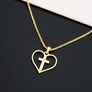 Cross Necklace For Women with Heart Shape, 24K Gold Plated Tiny Cross Necklace
