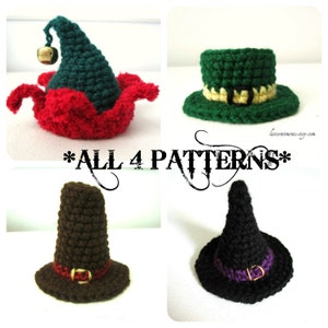 Può includere: Quattro cappelli all'uncinetto in diversi stili e colori: un cappello da elfo verde con un bordo rosso e una campanella, un cappello da folletto verde con una fascia gialla, un cappello da strega marrone con una fascia rossa e un cappello da strega nero con una fascia viola. L'immagine include il testo "*ALL 4 PATTERNS*"