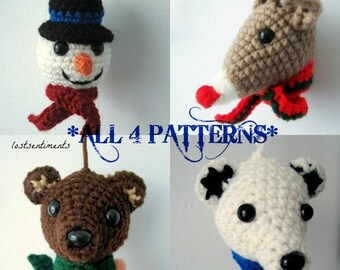 Set of Four Christmas Ornament PATTERNS - Snowman, Rudolph, Brown Bear, Polar Bear Amigurumi - Babysafe, Unbreakable - by lostsentiments