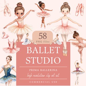 Può includere: Un set di arte digitale con illustrazioni di ballerine, scarpette da ballo e un cigno. L'immagine include il testo "BALLET STUDIO", "58 file PNG" e "high resolution clip art set". La tavolozza dei colori è rosa tenue e pesca.