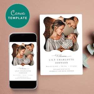 Faire-part nouveau-né - modèle sur toile, numérique uniquement (pas d'impressions). Modèle imprimable minimaliste de faire-part de naissance personnel pour nouveau-né