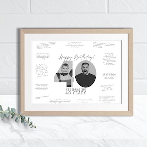 May include: A framed print with a light wood-colored frame. The print features the words "Happy Birthday!" and "Celebrating 40 Years." It includes two black and white photos and handwritten text.