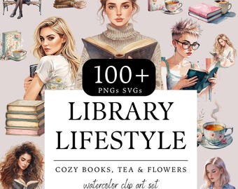 Book Lover Clipart PNGs SVGs - Watercolor Booklover Clipart, Reading Clip art, Floral Library Tea Coffee, Digital Stickers, Commercial Use