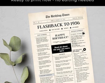 Periódico de regalo para el 90.º cumpleaños - DESCARGA DIGITAL - Tarjeta imprimible de feliz cumpleaños número 90, periódico, decoraciones para fiestas, decoración, favores