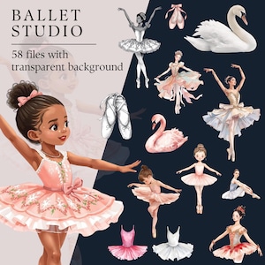 Może przedstawiać: Cyfrowa kolekcja zatytułowana BALLET STUDIO zawierająca 58 plików z przezroczystym tłem. Zestaw zawiera ilustracje tancerzy baletowych w różnych pozach, różowe i białe baletki oraz łabędzie na ciemnym tle.