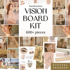 Pode incluir: Um kit de vision board com as palavras "VISION BOARD KIT" e "600+ peças". O kit inclui imagens e texto como "Manifestação", "Boss Moves", "Família" e "Produto Digital". O esquema de cores é neutro com tons bege e castanho.