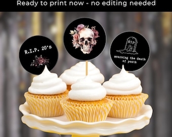 RIP 20s Cupcake Toppers PRINTABLE party decorations for 30th birthday, cute funny decor for death of twenties funeral birthday pink black
