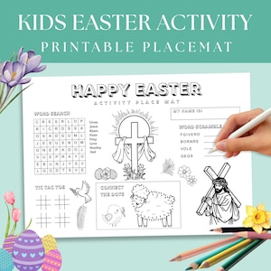 May include: A printable Easter activity placemat with a word search, word scramble, connect the dots, and tic-tac-toe game. The placemat features a cross, a lamb, and a dove.