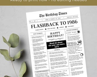 40th Birthday Gift Newspaper Printables 1986 - DIGITAL DOWNLOAD - Birthday newspaper template, birthday card forty party decorations