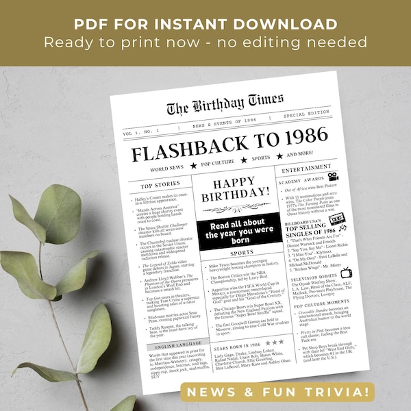 40th Birthday Gift Newspaper Printables 1986 - DIGITAL DOWNLOAD - Birthday newspaper template, birthday card forty party decorations