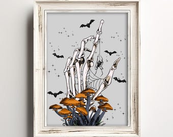 Spooky Mushroom Skeleton Hand Art Print: Decomposer Art