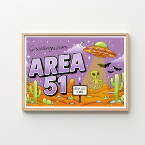 impressão artística de cartão postal da área 51 // impressão alienígena assustadora e fofa