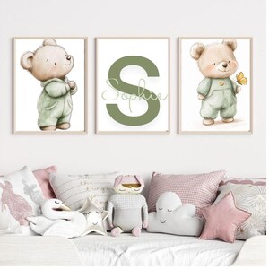 Arte de pared personalizado para guardería con letras, juego de pósteres de oso neutro con temática de nacimiento, plantilla de Canva editable, impresión de nombre personalizado para habitación de bebé niño o niña.