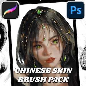 May include: Digital art illustration of a woman with long black hair, green eyes, and gold and green jewelry. The image includes the text "CHINESE SKIN BRUSH PACK" and the Procreate and Photoshop logos.