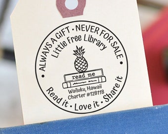 Little Free Library Stamp, Pineapple LFL Stamp, Always a Gift Never for Sale, Ex Libris Custom Stamp with Wood Handle