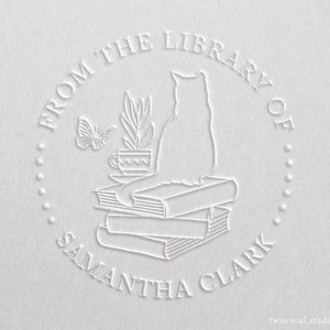 Embosseuse personnalisée pour livre de chat | Tampon de bibliothèque personnalisé | Ex Libris pour les amateurs de lecture | Cadeau design chat et livre