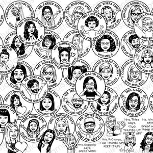 May include: A collection of black and white circular stickers featuring cartoon avatars with text. The stickers say things like "Great Job! Keep it Up!" and "Loves Your Work!" Ideal for teachers and classroom use.