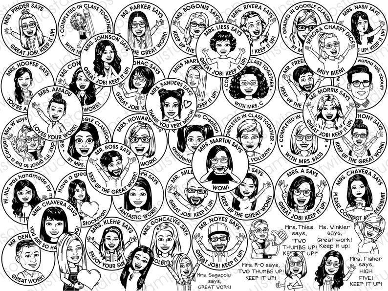 May include: A collection of black and white circular stickers featuring cartoon avatars with text. The stickers say things like "Great Job! Keep it Up!" and "Loves Your Work!" Ideal for teachers and classroom use.