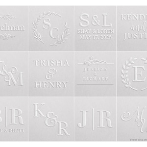 May include: A collection of white embossed designs featuring names, initials, and dates. The designs include names like "Edelman", "Kendra and Justin", and initials such as "S&L" with a date. The designs are for weddings and other special events.
