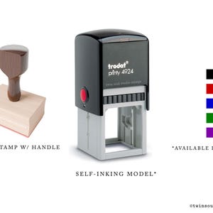 May include: Image features two types of stamps: a wooden rubber stamp with a handle and a self-inking model. The self-inking stamp is black with a red button. The image also shows five color options: black, red, blue, green, and purple.