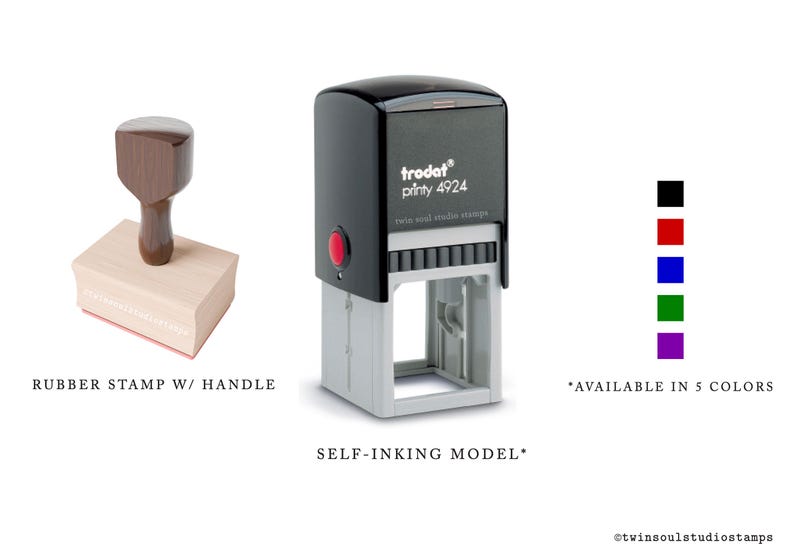 May include: Image features two types of stamps: a wooden rubber stamp with a handle and a self-inking model. The self-inking stamp is black with a red button. The image also shows five color options: black, red, blue, green, and purple.