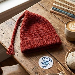 Può includere: Un cappello all'uncinetto color ruggine con una lunga nappa intrecciata, su un tavolo di legno. Accanto, un caffè latte, un cestino di lana e libri. È visibile anche un adesivo con "Abolish ICE".