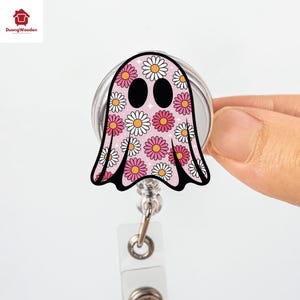 Floral Pink Ghost badge reel, Halloween, Badge holder, ID holder, Retractable reel, Halloween badge reel, Gift idea, Ghost, interchangeable