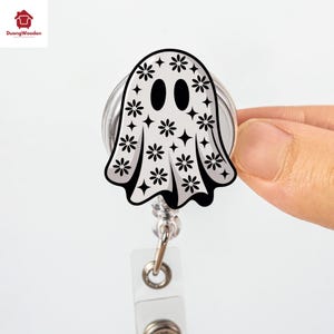 Floral Black Ghost badge reel, Halloween, Badge holder, ID holder, Retractable reel, Halloween badge reel, Gift idea, Ghost, interchangeable