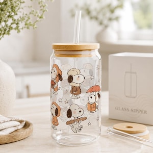 Snoopy Collage Sipper Glass | 16oz Jar Cup with Lid & Straw | Fall Vibes, Cozy Aesthetic Art, Pumpkin Spice, Kawaii Gift, Fall Leaves
