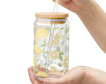 Lemon Pattern Sipper Glass | 16oz Jar Cup with Lid & Straw | Pastel Citrus Aesthetic, Summer Drinkware, Kitchen Decor, Refreshing Gift