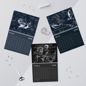 May include: Three 2026 wall calendars with astrological illustrations. The calendars are dark blue and black, with white constellation designs. The January calendar features a Capricorn design, the March calendar features Pisces, and the February calendar features Sagittarius.