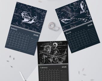 Stjärnbilden 2026 väggkalender | Månadsplanerare | Astrologiska tecken, månfaser, stjärnkartkonst, minimalistisk dekor, söndag och måndagsstart