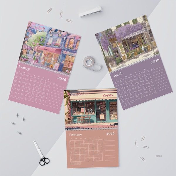 Pastel Cafe  2026 Wall Calendar |Monthly Planner | Cute Coffee Shop Art  Illustration, Kawaii  Soft Aesthetic, 12-Month Minimal Decor Gift