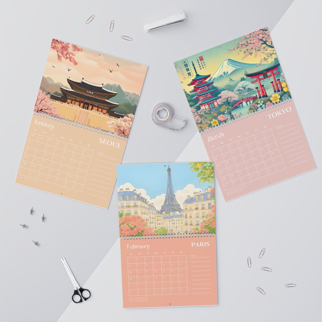 2026 Illustrated Travel Calendar | Aesthetic World Cities Art | 12 ...